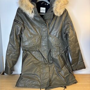 SAM New York Women's Olive Hooded Parka Waxed Thinsulated with (Cyote?) Fur Trim